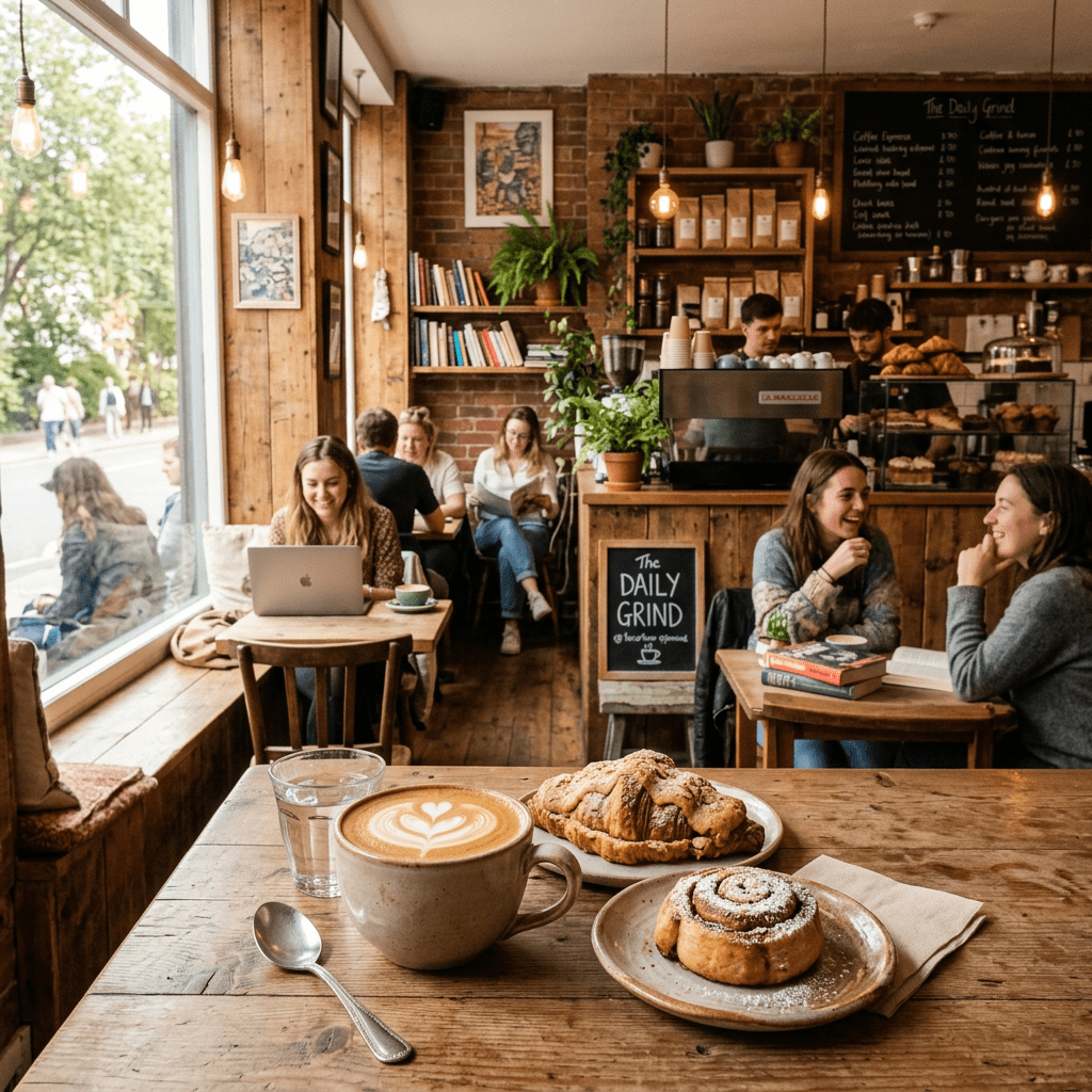 Latte with heart latte art, two pastries on plates, and customers socializing in a cozy cafe
